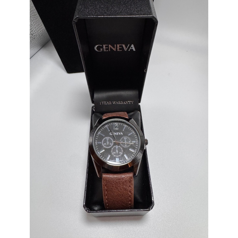 Geneva Mens Quartz Watch Black Dial Brown Leather Strap Gunmetal Case New